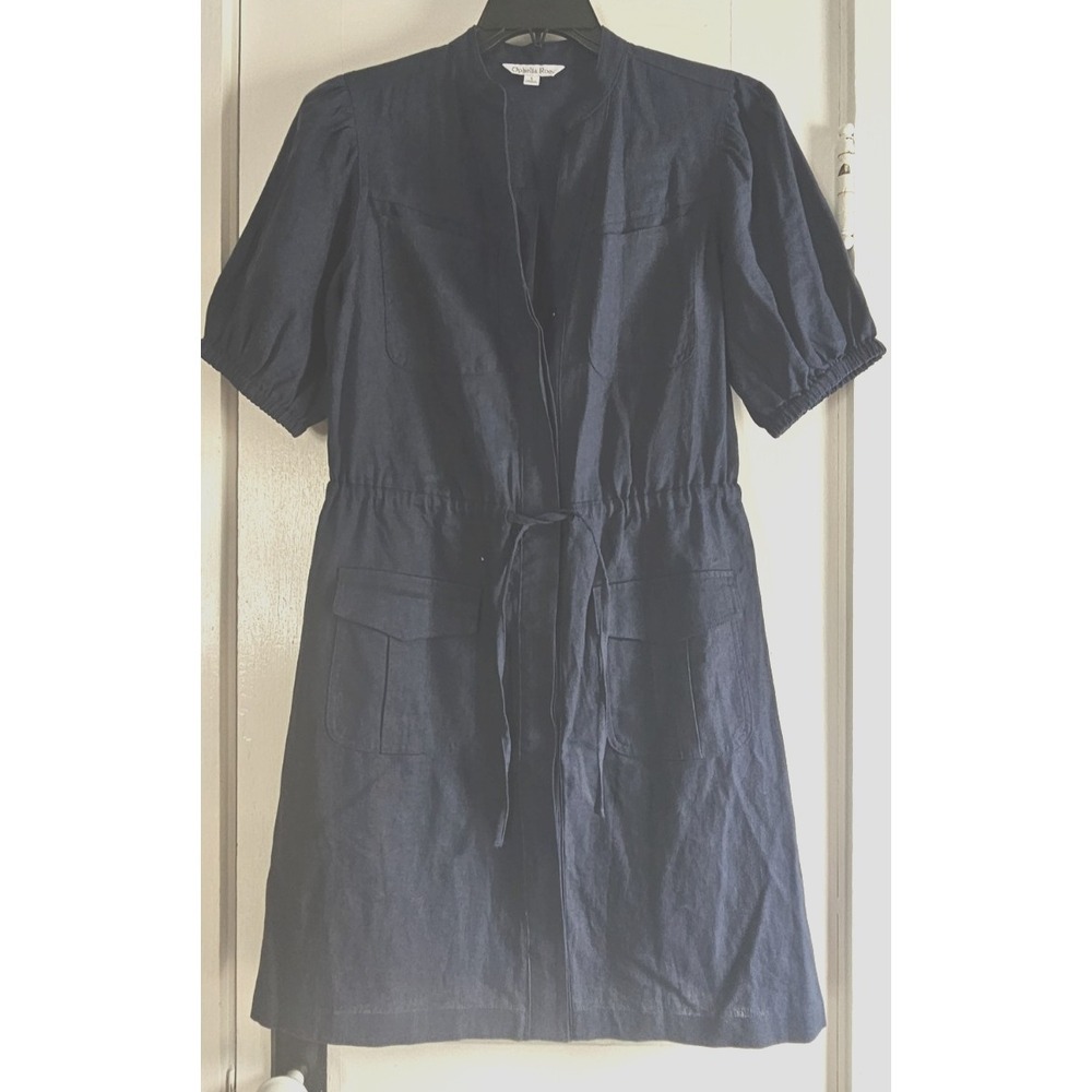 NWT Ophelia Roe Woman's S blue shirt dress drawstring cinched waist Linen blend